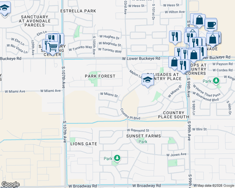 map of restaurants, bars, coffee shops, grocery stores, and more near 3209 South 104th Avenue in Tolleson