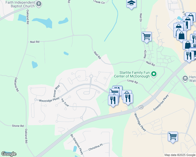 map of restaurants, bars, coffee shops, grocery stores, and more near 2180 Parador Bend in McDonough