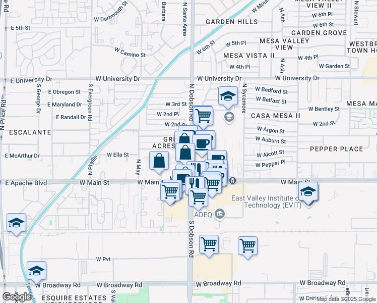 map of restaurants, bars, coffee shops, grocery stores, and more near 90 North Dobson Road in Mesa