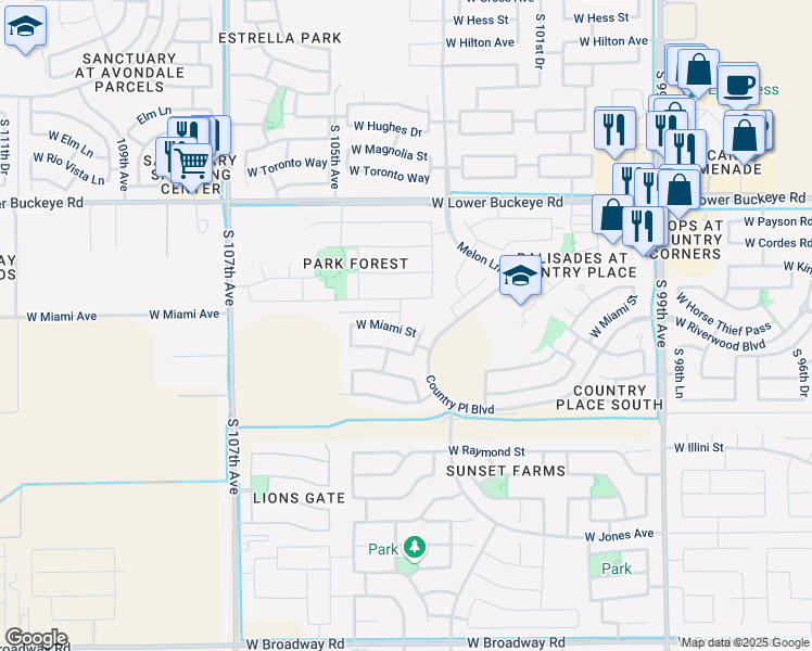 map of restaurants, bars, coffee shops, grocery stores, and more near 3209 South 104th Avenue in Tolleson