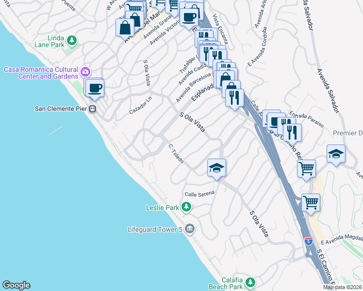 map of restaurants, bars, coffee shops, grocery stores, and more near 228 West Avenida Cordoba in San Clemente