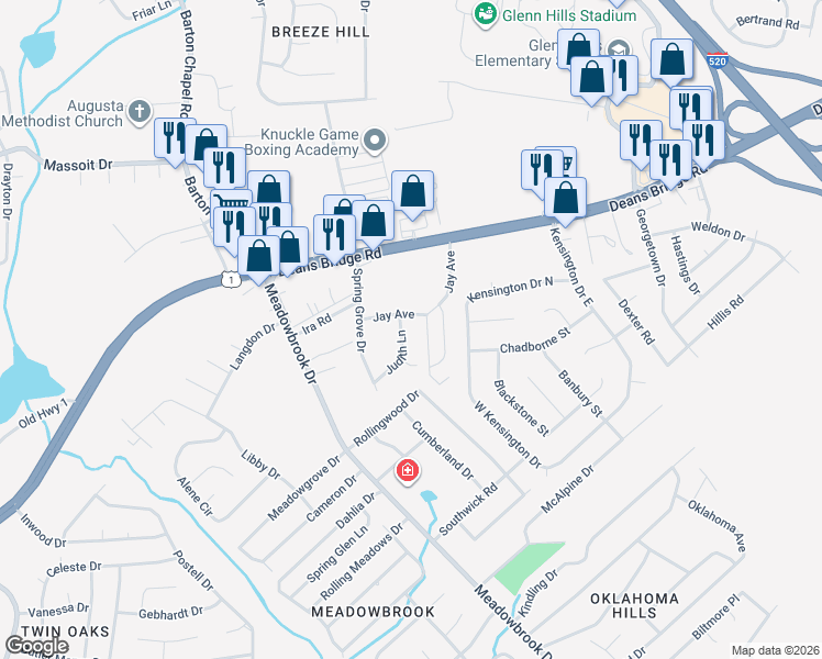 map of restaurants, bars, coffee shops, grocery stores, and more near 3020 Judith Lane in Augusta