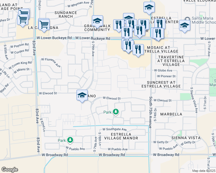map of restaurants, bars, coffee shops, grocery stores, and more near 3425 South 77th Glen in Phoenix