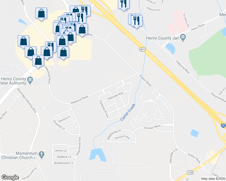 map of restaurants, bars, coffee shops, grocery stores, and more near 821 Parkside Place Avenue in McDonough