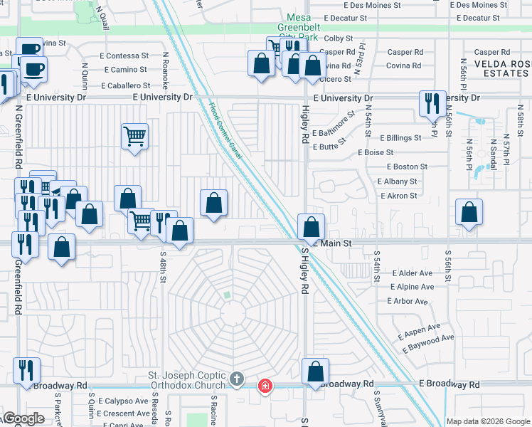 map of restaurants, bars, coffee shops, grocery stores, and more near Mobile Home Park in Mesa