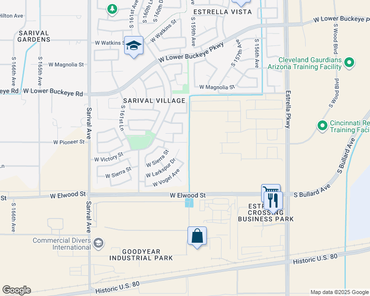 map of restaurants, bars, coffee shops, grocery stores, and more near 15945 West Larkspur Drive in Goodyear