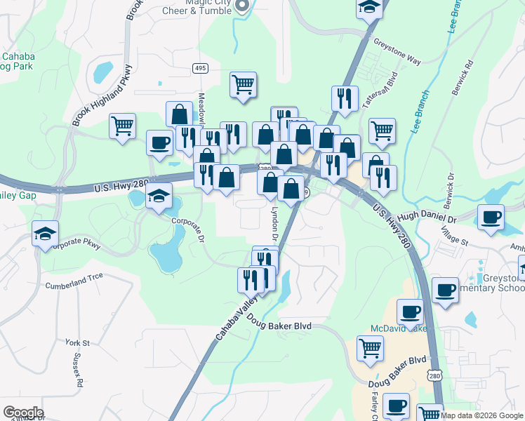 map of restaurants, bars, coffee shops, grocery stores, and more near 6926 Lyndon Drive in Meadowbrook