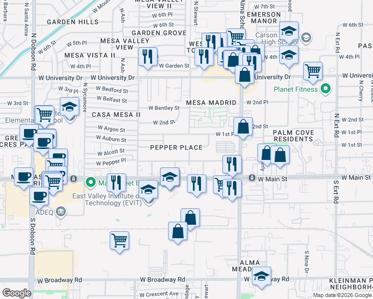 map of restaurants, bars, coffee shops, grocery stores, and more near 1405 West 1st Street in Mesa