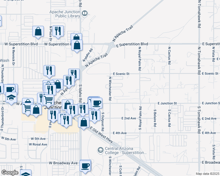 map of restaurants, bars, coffee shops, grocery stores, and more near North Winchester Road in Apache Junction