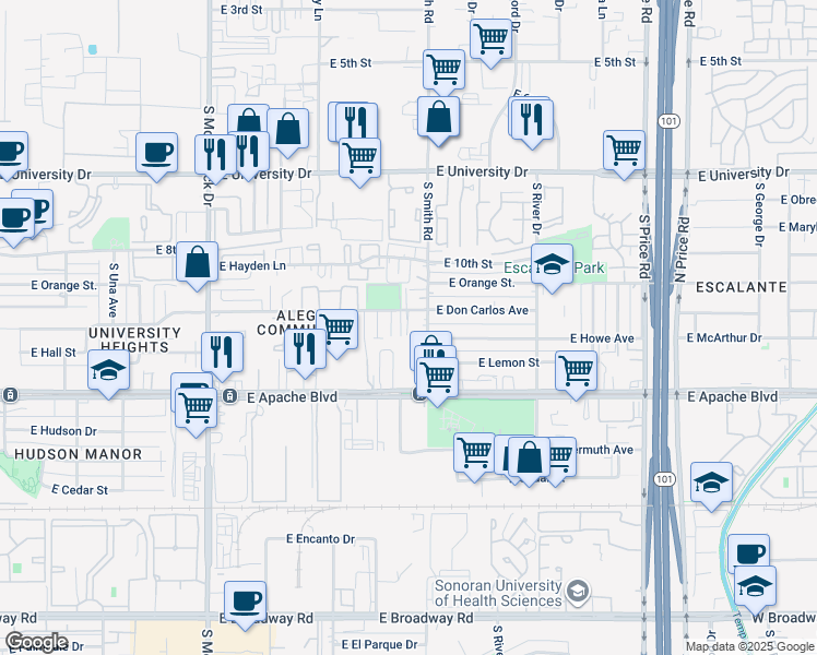 map of restaurants, bars, coffee shops, grocery stores, and more near 1969 East Don Carlos in Tempe