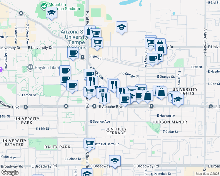 map of restaurants, bars, coffee shops, grocery stores, and more near 1050 South Terrace Road in Tempe