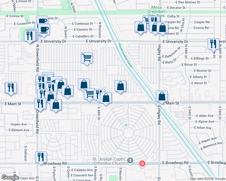 map of restaurants, bars, coffee shops, grocery stores, and more near 4860 East Main Street in Mesa