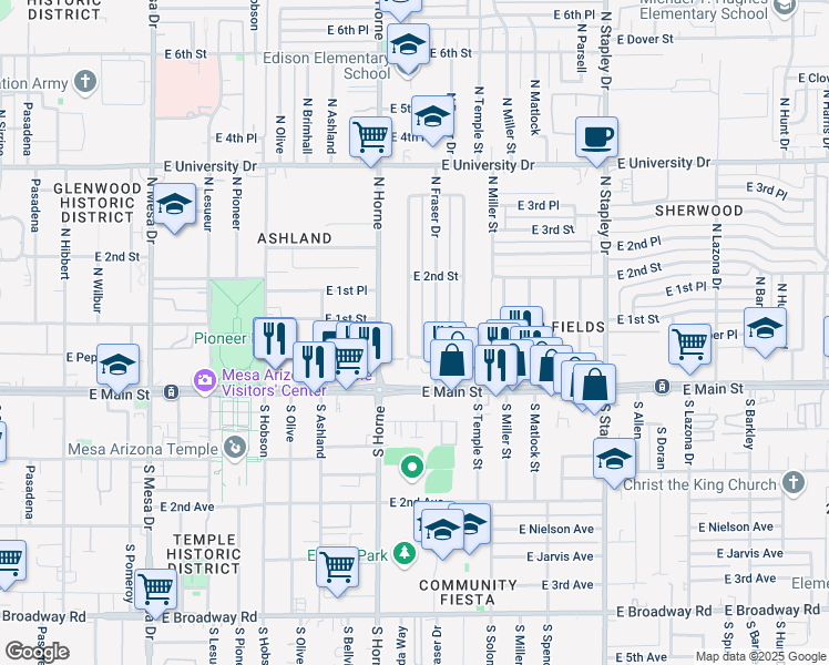 map of restaurants, bars, coffee shops, grocery stores, and more near 57 North Fraser Drive West in Mesa