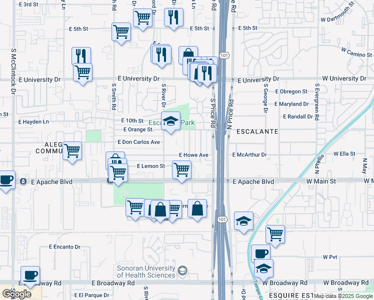 map of restaurants, bars, coffee shops, grocery stores, and more near 1022 South Lola Lane in Tempe