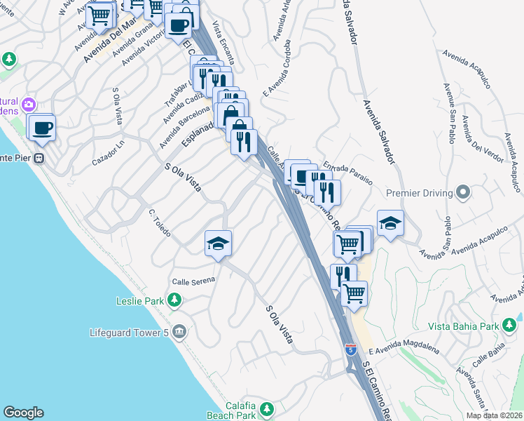 map of restaurants, bars, coffee shops, grocery stores, and more near 122 West Avenida De Los Lobos Marinos in San Clemente