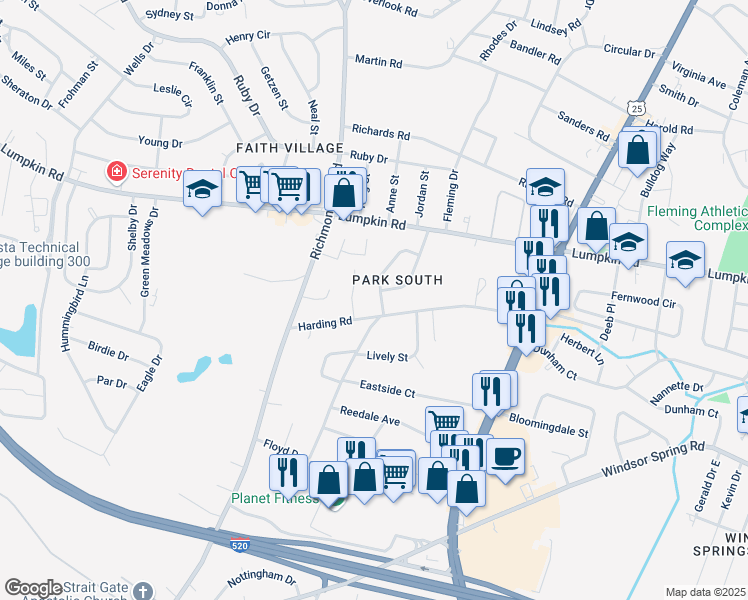 map of restaurants, bars, coffee shops, grocery stores, and more near 2947 Jefferson Street in Augusta