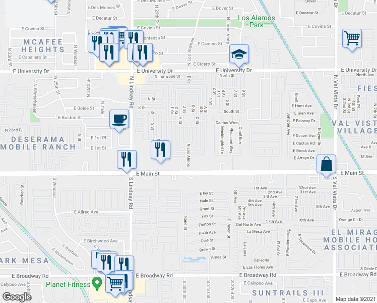 map of restaurants, bars, coffee shops, grocery stores, and more near B Street in Mesa