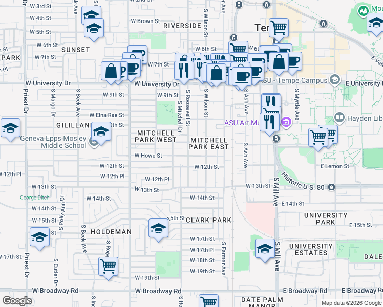 map of restaurants, bars, coffee shops, grocery stores, and more near 516 West Howe Street in Tempe