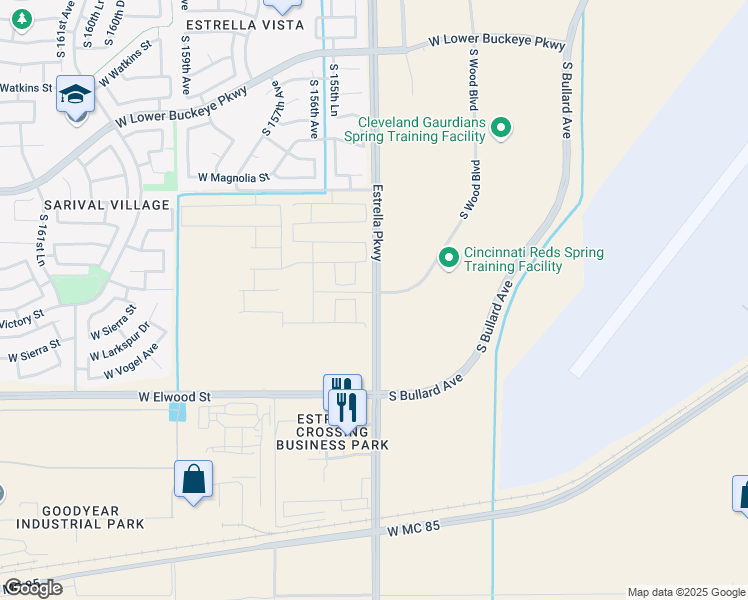 map of restaurants, bars, coffee shops, grocery stores, and more near 3200 Estrella Parkway in Goodyear