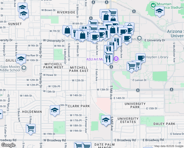 map of restaurants, bars, coffee shops, grocery stores, and more near 1109 South Farmer Avenue in Tempe