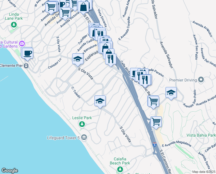 map of restaurants, bars, coffee shops, grocery stores, and more near 131 West Avenida Valencia in San Clemente