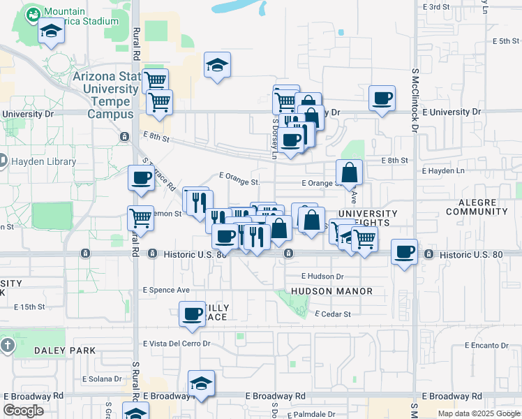 map of restaurants, bars, coffee shops, grocery stores, and more near 1041 South Mariana Street in Tempe
