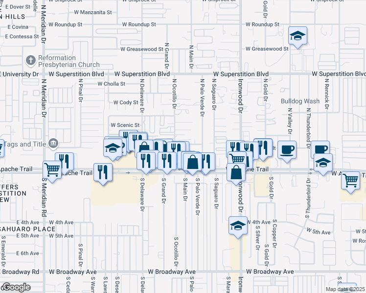map of restaurants, bars, coffee shops, grocery stores, and more near 2079 West Gregory Street in Apache Junction