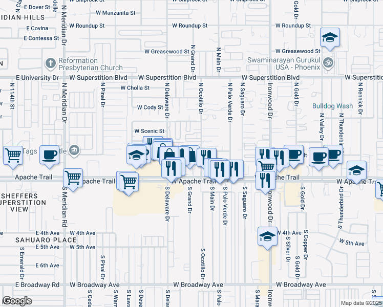 map of restaurants, bars, coffee shops, grocery stores, and more near 224 North Ocotillo Drive in Apache Junction