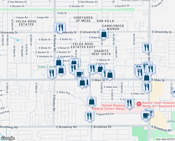 map of restaurants, bars, coffee shops, grocery stores, and more near 36 North 63rd Street in Mesa
