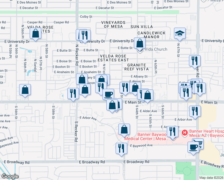 map of restaurants, bars, coffee shops, grocery stores, and more near 64 North 63rd Street in Mesa