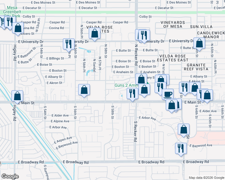 map of restaurants, bars, coffee shops, grocery stores, and more near 35 North 58th Street in Mesa