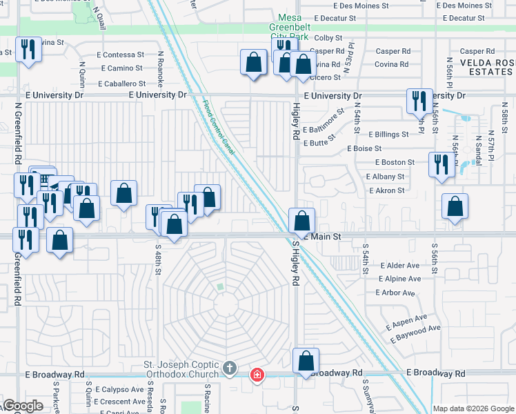 map of restaurants, bars, coffee shops, grocery stores, and more near Mobile Home Park in Mesa