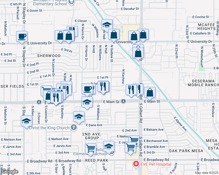 map of restaurants, bars, coffee shops, grocery stores, and more near 1736 East Pepper Circle in Mesa