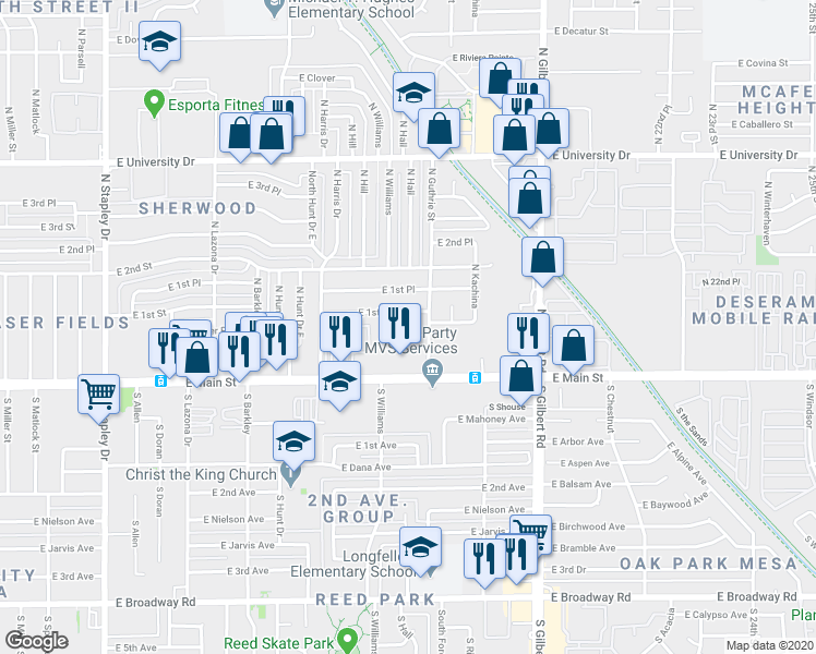 map of restaurants, bars, coffee shops, grocery stores, and more near 1736 East Pepper Circle in Mesa