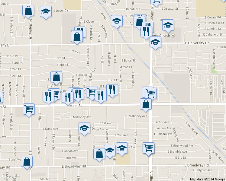 map of restaurants, bars, coffee shops, grocery stores, and more near 1736 East Pepper Circle in Mesa
