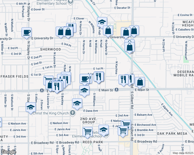 map of restaurants, bars, coffee shops, grocery stores, and more near 1736 East Pepper Circle in Mesa