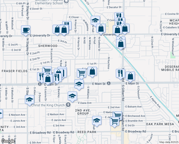 map of restaurants, bars, coffee shops, grocery stores, and more near 1736 East Pepper Circle in Mesa