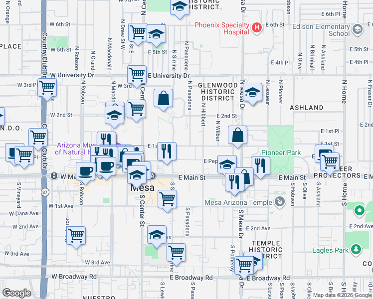 map of restaurants, bars, coffee shops, grocery stores, and more near 151 East 1st Street in Mesa