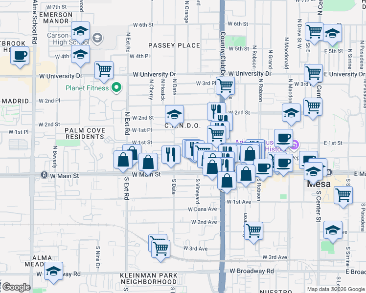 map of restaurants, bars, coffee shops, grocery stores, and more near 527 West 1st Street in Mesa