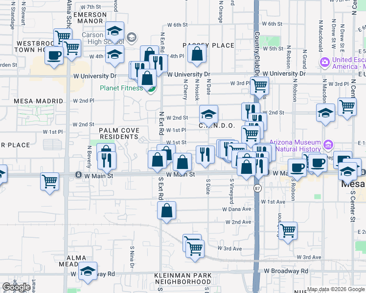 map of restaurants, bars, coffee shops, grocery stores, and more near 661 West 1st Street in Mesa
