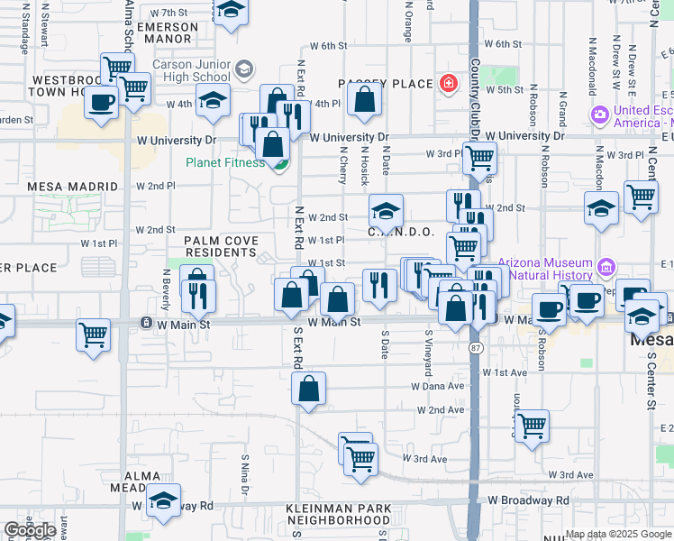 map of restaurants, bars, coffee shops, grocery stores, and more near 663 West 1st Street in Mesa
