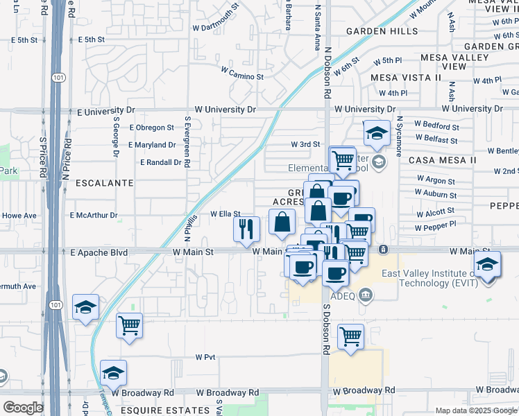 map of restaurants, bars, coffee shops, grocery stores, and more near 116 North May in Mesa