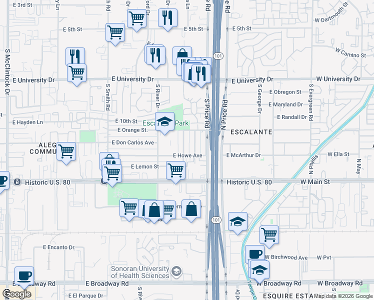 map of restaurants, bars, coffee shops, grocery stores, and more near 1022 South Lola Lane in Tempe