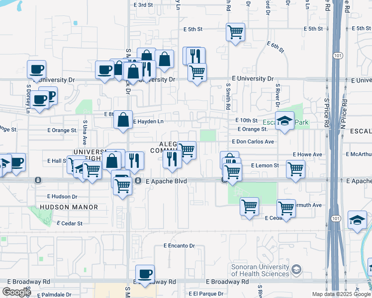 map of restaurants, bars, coffee shops, grocery stores, and more near 1895 East Don Carlos in Tempe