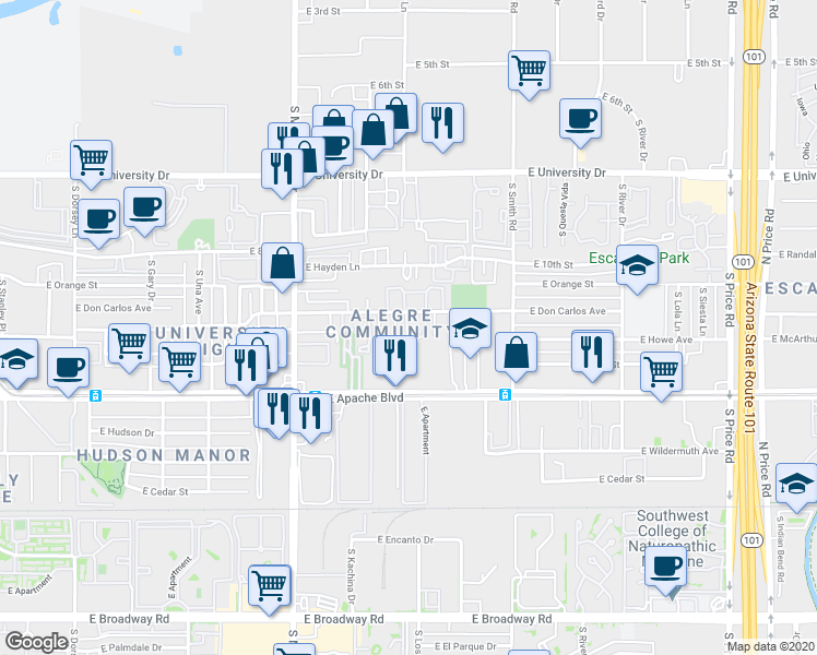 map of restaurants, bars, coffee shops, grocery stores, and more near 1895 East Don Carlos in Tempe