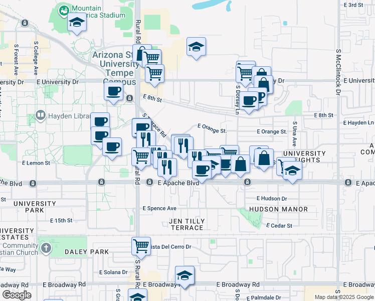 map of restaurants, bars, coffee shops, grocery stores, and more near 1041 East Lemon Street in Tempe