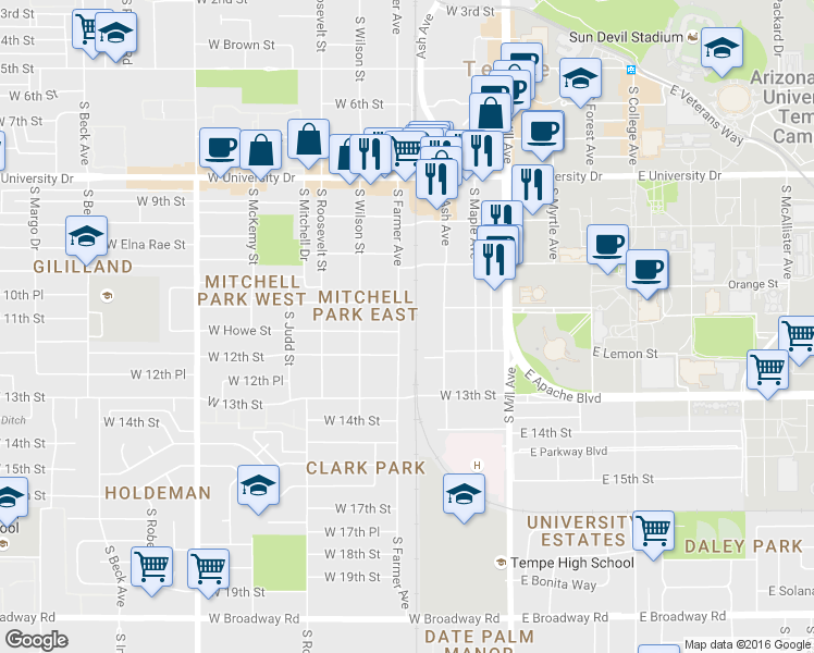 map of restaurants, bars, coffee shops, grocery stores, and more near 1109 South Farmer Avenue in Tempe