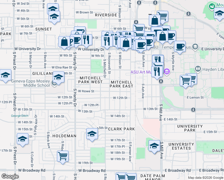map of restaurants, bars, coffee shops, grocery stores, and more near 516 West Howe Street in Tempe