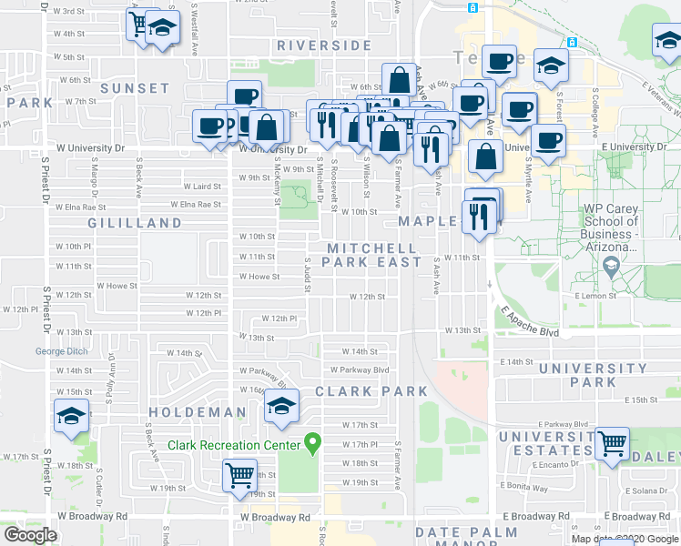 map of restaurants, bars, coffee shops, grocery stores, and more near 516 West Howe Street in Tempe
