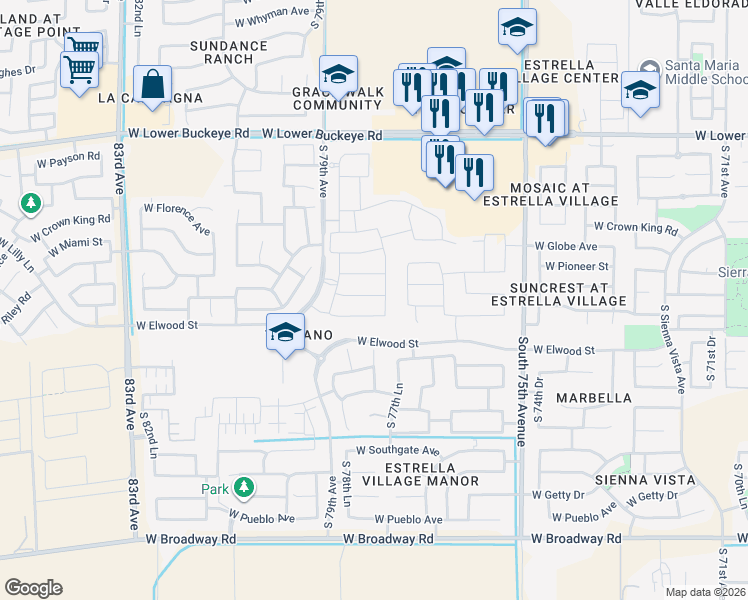 map of restaurants, bars, coffee shops, grocery stores, and more near 3425 South 77th Glen in Phoenix